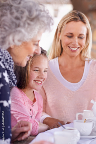 Wallpaper Mural Women, girl and happy grandmother with tea for fun, generations in park together for bonding with love. Family time, mother and grandma and smile for summer garden picnic, cup or teapot for beverage Torontodigital.ca