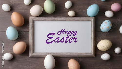Happy Easter frame background with message, frame and easter eggs scene created with generative ai