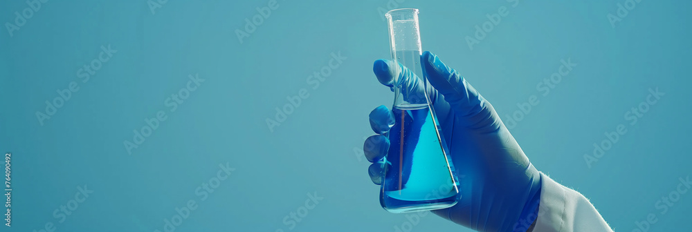 hand of scientist with test tube and flask in medical chemistry lab blue banner background (3)