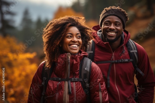 Happy Couple Hiking In Autumn Generative AI