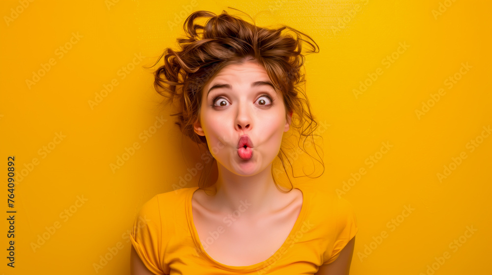 Young woman making funny face on yellow background, copy space