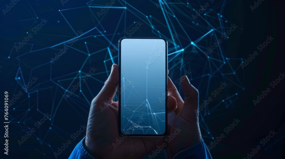 A mobile phone with an abstract polygonal wireframe closeup of a blank white screen in the hand of a man. Illustration of dark blue background. Communication application on smartphone. - obrazy, fototapety, plakaty 