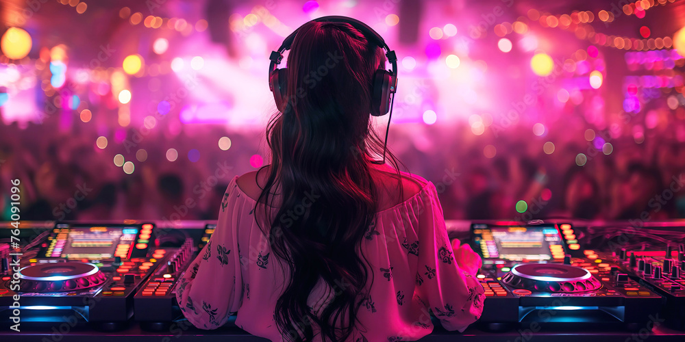 back of young girl DJ in headphones mixing music on a DJ mixer console controller on booth in a nightclub at a night party back of young girl DJ in headphones mixing music on a DJ mixer console controller on booth in a nightclub at a night party