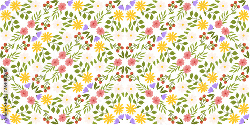 Seamless motif displaying floral elements. Botanical-inspired repeated pattern with white, yellow, and lilac flowers, pink cherry blossom, branch with red berries, and diverse leaves.