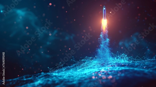 Isolated  illustration of a rocket launch from a smartphone. Abstract outline in low poly style with blue geometric background. Wireframe light connections in modern 3D graphics.