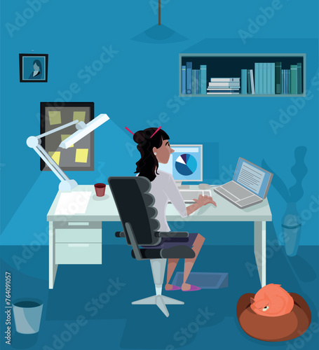 Woman working from home with the company of the cat. Project manager. Free lancer worker. Designer. Good for motion design - all elements in different layers	