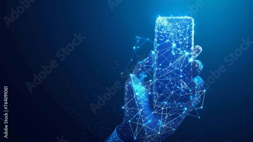 Abstract polygonal wireframe closeup of mobile phone. Blank white screen is held by a hands and fingers, on dark blue background. Communication app smartphone concept.