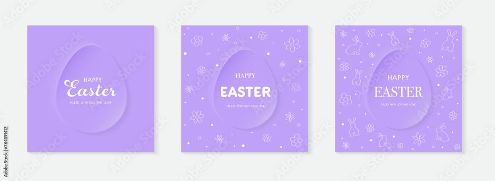 Fototapeta premium Abstract Easter backgrounds set. Concept of a paper cut egg, hand drawn flowers and bunnies. Greeting card. Vector illustration