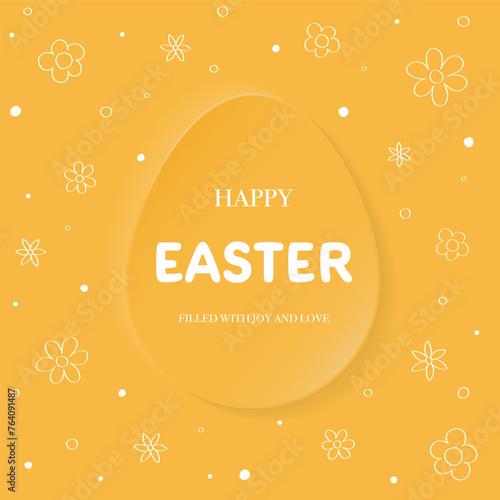 Trendy Easter design with a paper cut egg and hand drawn flowers. Modern minimal style greeting card. Vector illustration