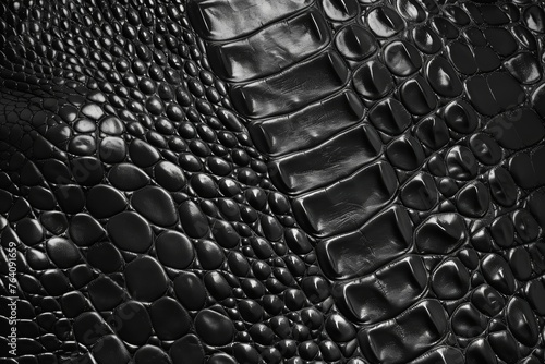 A close up of a pure black leather made of crocodile skin. wild animal texture. luxury pattern and expensive. dark and rough. wrinkled and rippled, AI Generated. photo
