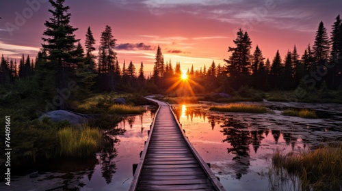 Tranquil sunrise over swamp with wooden path on a serene and peaceful summer morning