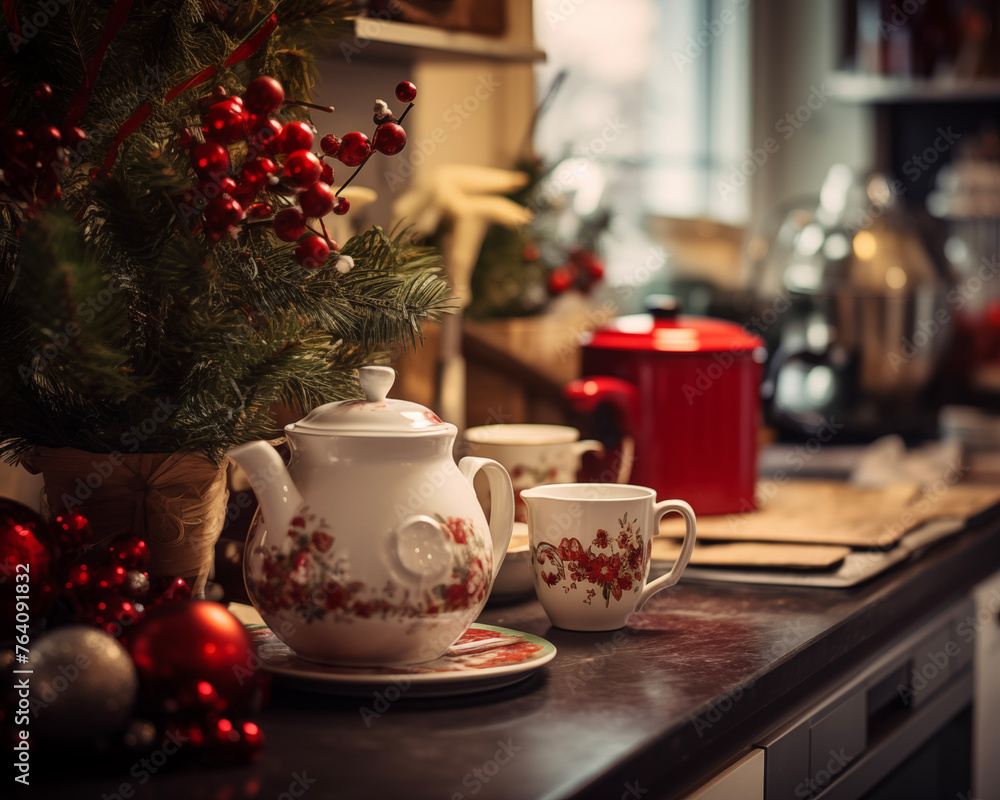 Christmas decor in kitchen. Christmas tableware. Christmas cooking utensils. Bright interior of New Year's kitchen background. New Year card template. Christmas tree in kitchen. Christmas decor in kitchen. Christmas tableware. Christmas cooking utensils. Bright interior of New Year's kitchen background. New Year card template. Christmas tree in kitchen.