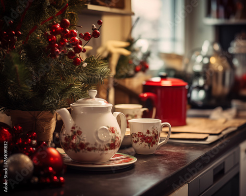 Christmas decor in kitchen. Christmas tableware. Christmas cooking utensils. Bright interior of New Year s kitchen background. New Year card template. Christmas tree in kitchen.