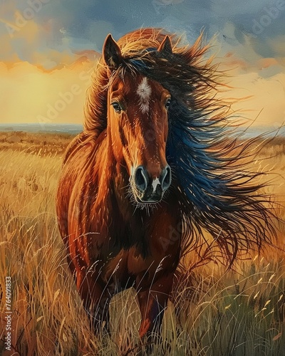 AIenhanced horse running, vibrant mane, close view, golden hour glow © Premyuda