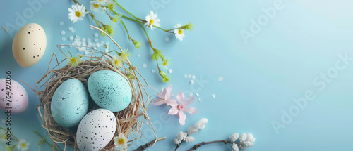 Happy Easter ,Easter eggs on blue table background. Holidays .