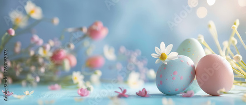 Happy Easter  Easter eggs on blue table background. Holidays .