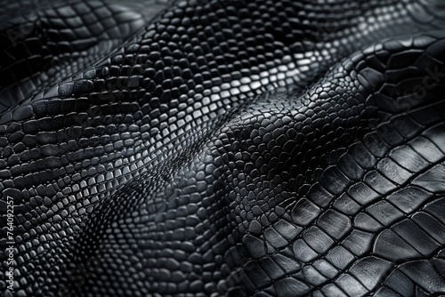 A close up of a pure black leather made of crocodile skin. wild animal texture. luxury pattern and expensive. dark and rough. wrinkled and rippled, AI Generated.