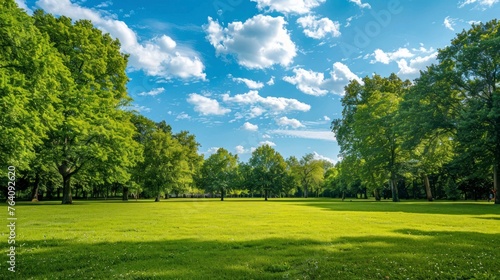 beautiful park with robust trees with a beautiful blue sky with clouds and a green meadow in high resolution and quality