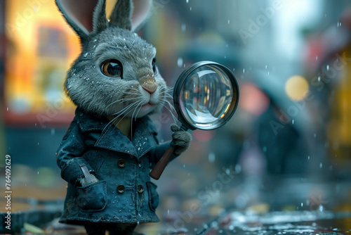 A rabbit is holding a magnifying glass and looking at something