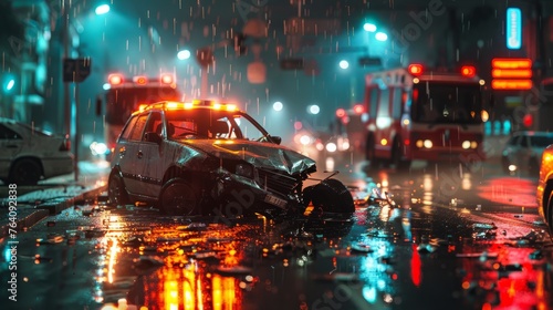 Car crash on a wet road at night with Ambulance lights on background © saichon