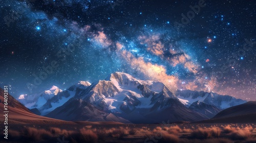 Starry Night Sky Over Snow-Capped Mountains