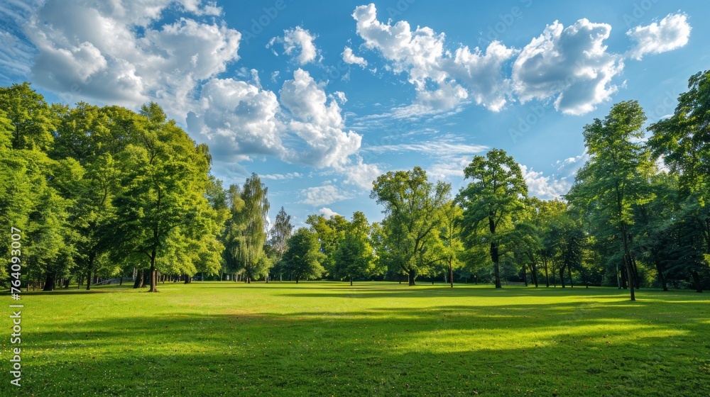 beautiful park with robust trees with a beautiful blue sky with clouds