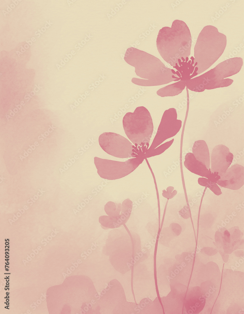 Grunge background with hand drawn pink flowers on watercolor paper for wallpaper, packaging, wedding invitations