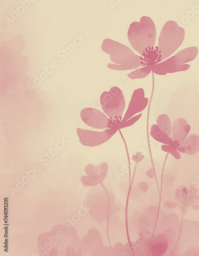 Grunge background with hand drawn pink flowers on watercolor paper for wallpaper, packaging, wedding invitations