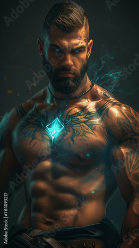 paranormal futuristic fantasy portrait of a muscular shirtless man with glowing - generative ai