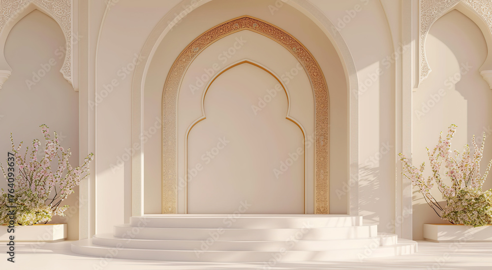 3d render podium with mosque decoration background, white and gold color theme, banner mockup for product presentation