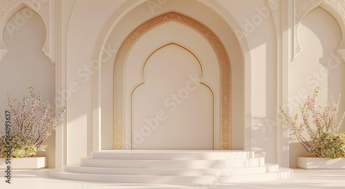 3d render podium with mosque decoration background  white and gold color theme  banner mockup for product presentation