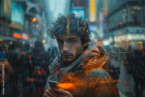 Focused man engaged with his smartphone amidst the hustle of a densely populated city street with neon signs and pedestrians..