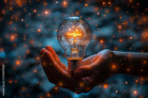 Hands holding a glowing lightbulb with conceptual icons for innovation and energy, set against a natural, leafy background..