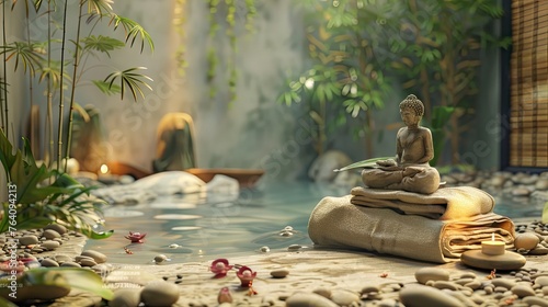 Zen statue on a white towel  3D background  calm slide