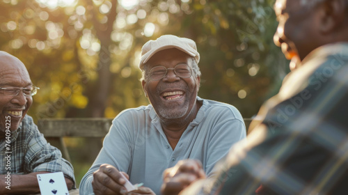 Senior men with smiles engage in a card game outdoors. photo