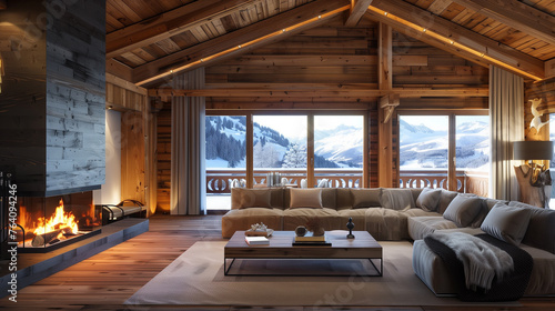 Modern charlet in the mountains with panoramic views and snow in the background