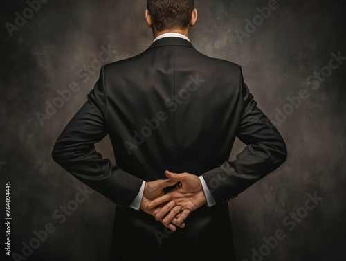 Back view of a businessman with crossed fingers behind his back, symbolizing deceit or planning.
