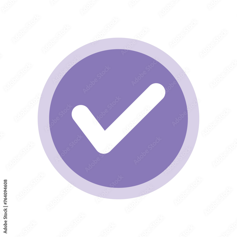 Violet positive vote round button with checkmark accept complete task badge vector illustration. Success confirmation logotype keypad agree approved check mark. Done checkbox. Tick button emoji icon. Violet positive vote round button with checkmark accept complete task badge vector illustration. Success confirmation logotype keypad agree approved check mark. Done checkbox. Tick button emoji icon.