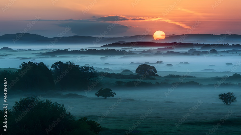 Early morning mist veils the landscape in mystical serenity