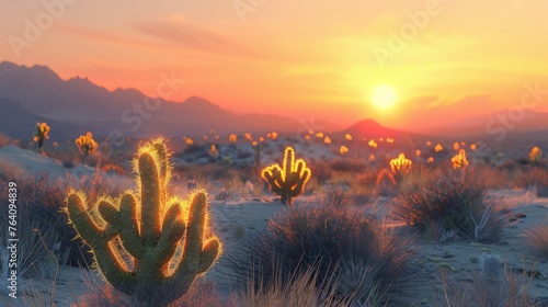 A cactus plant in the desert at sunset , Cacti at sunrise in desert photo