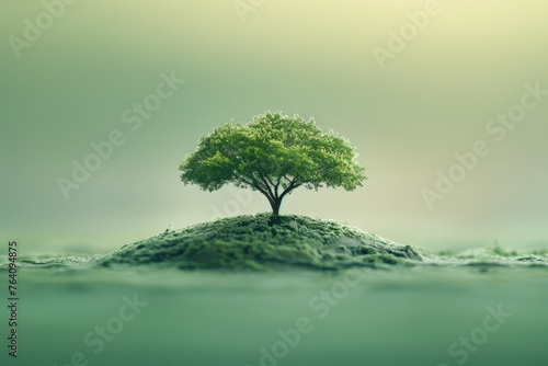 A serene and symbolic image of a single tree standing atop a lush green hill surrounded by a soft misty backdrop..
