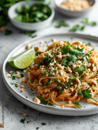 A vibrant plate of Pad Thai garnished with crushed peanuts, fresh herbs, and a wedge of lime, captured in bright, natural light..