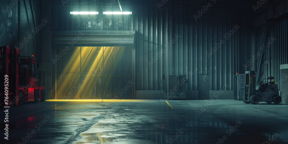 Abandoned warehouse with forklift truck under glowing yellow light in the center of the room