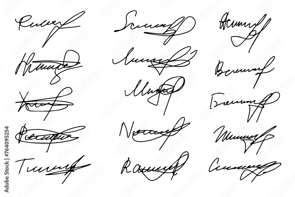 Set of autograph fictitious, handwritten fake signature. Isolated doodle on white background, vector illustration Set of autograph fictitious, handwritten fake signature. Isolated doodle on white background, vector illustration