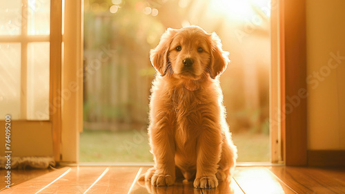 Adorable golden retriever puppy sitting indoors with warm sunlight shining through, showcasing a moment of peaceful companionship.