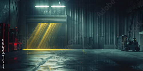 Abandoned warehouse with forklift truck under glowing yellow light in the center of the room © SHOTPRIME STUDIO
