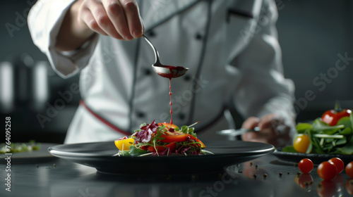 A chef's hand is drizzling sauce over a meticulously arranged gourmet dish.