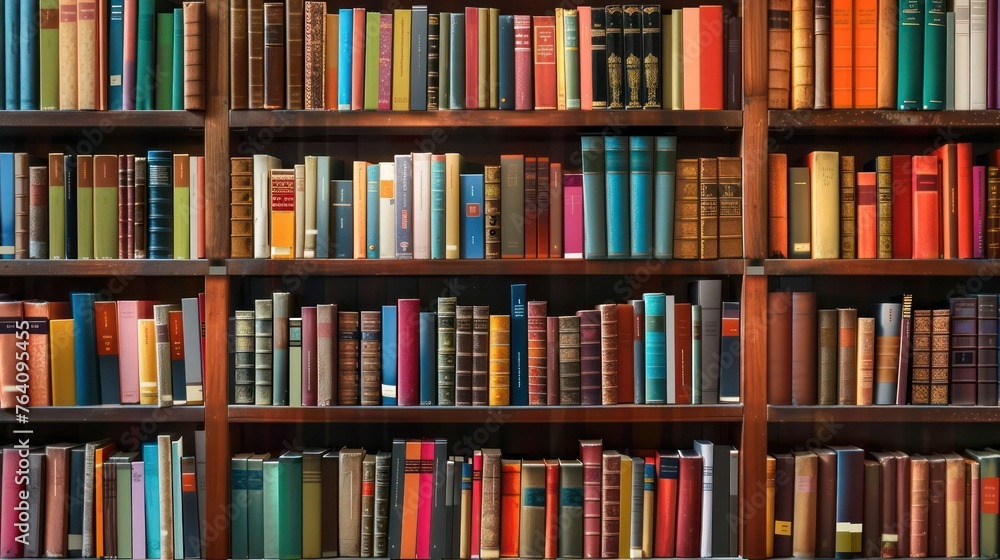 A high-resolution image showcasing a colorful array of books tightly packed in a wooden bookshelf, evoking a cozy and intellectual atmosphere A high-resolution image showcasing a colorful array of books tightly packed in a wooden bookshelf, evoking a cozy and intellectual atmosphere
