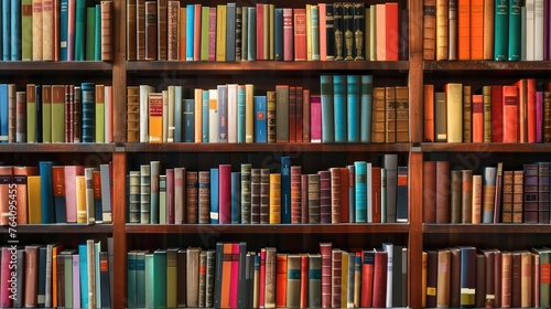 A high-resolution image showcasing a colorful array of books tightly packed in a wooden bookshelf  evoking a cozy and intellectual atmosphere