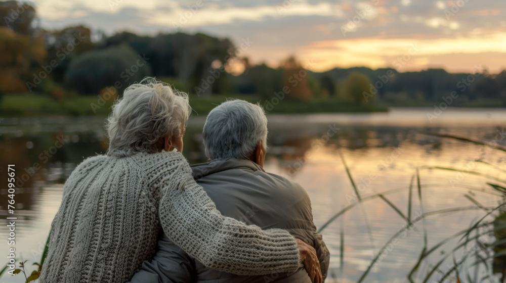 Two seniors are embracing by a lake at sunset.